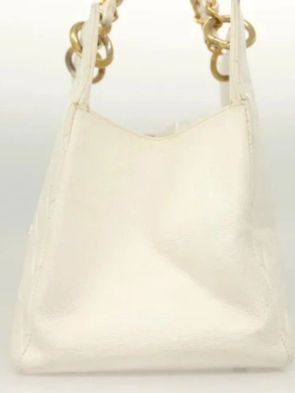 CHANEL Matelasse Chain Hand Bag Grained Calf Skin White Gold CC Auth bs26565